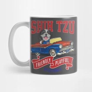 Cute Shih Tzu dog in a funny vintage classic retro car with red white and blue flags Mug